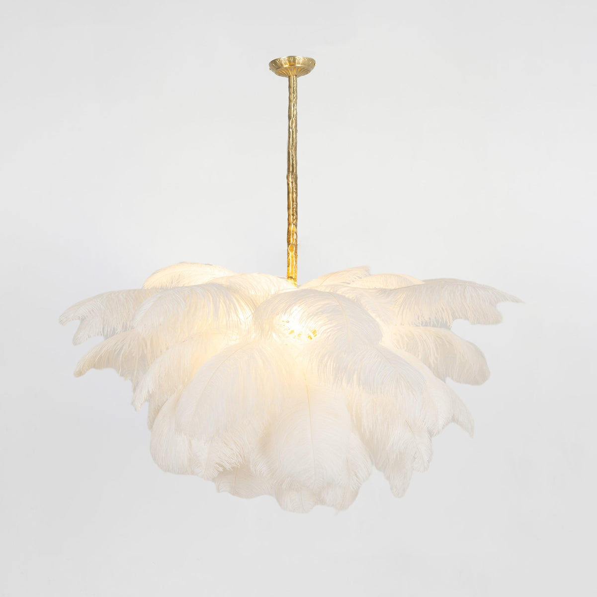 Feder-Kronleuchter 56 Handcolorierte Federn Messingfassung Gold Silber Hollywood Glamour Statement-Beleuchtung - Lamylie