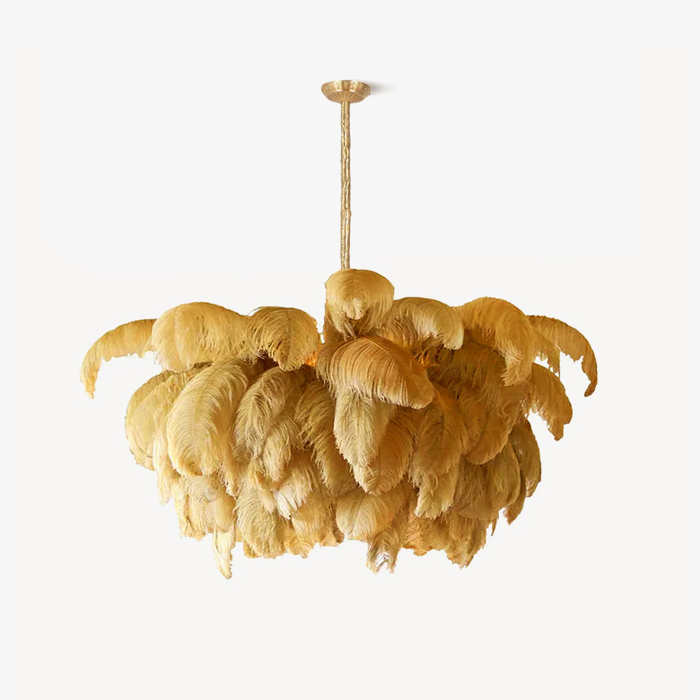 Feder-Kronleuchter 56 Handcolorierte Federn Messingfassung Gold Silber Hollywood Glamour Statement-Beleuchtung - Lamylie