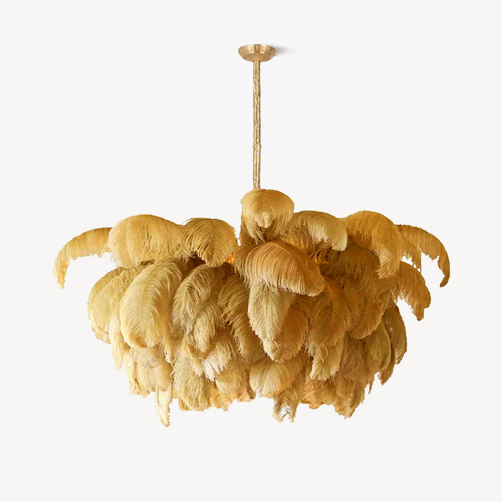 Feder-Kronleuchter 56 Handcolorierte Federn Messingfassung Gold Silber Hollywood Glamour Statement-Beleuchtung - Lamylie