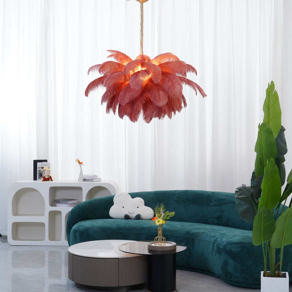 Feder-Kronleuchter 56 Handcolorierte Federn Messingfassung Gold Silber Hollywood Glamour Statement-Beleuchtung - Lamylie