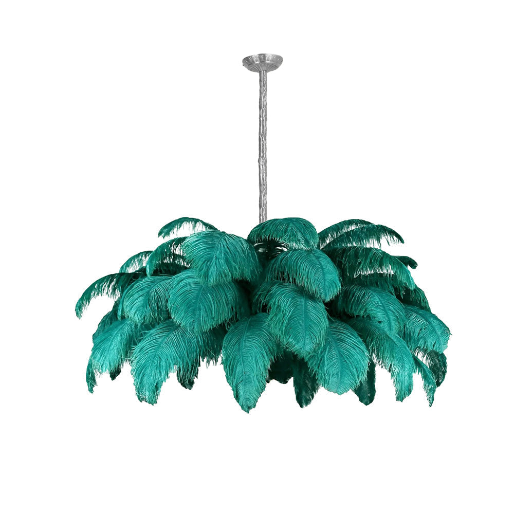 Feder-Kronleuchter 56 Handcolorierte Federn Messingfassung Gold Silber Hollywood Glamour Statement-Beleuchtung - Lamylie