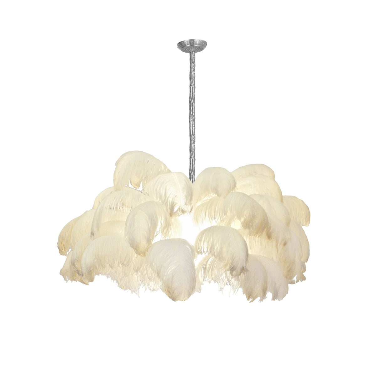 Feder-Kronleuchter 56 Handcolorierte Federn Messingfassung Gold Silber Hollywood Glamour Statement-Beleuchtung - Lamylie