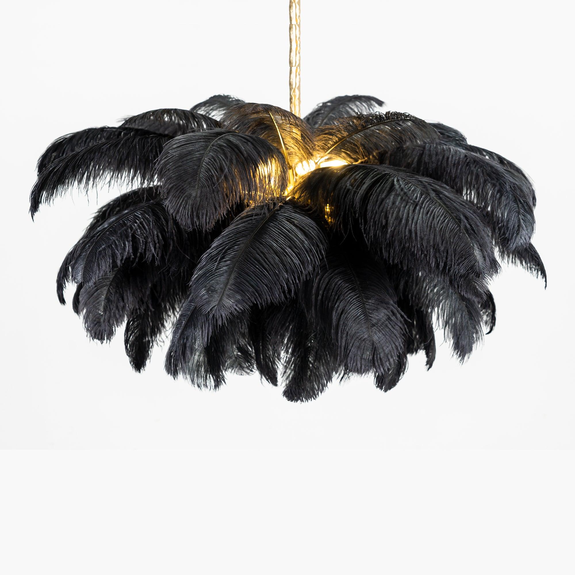 Feder-Kronleuchter 56 Handcolorierte Federn Messingfassung Gold Silber Hollywood Glamour Statement-Beleuchtung - Lamylie
