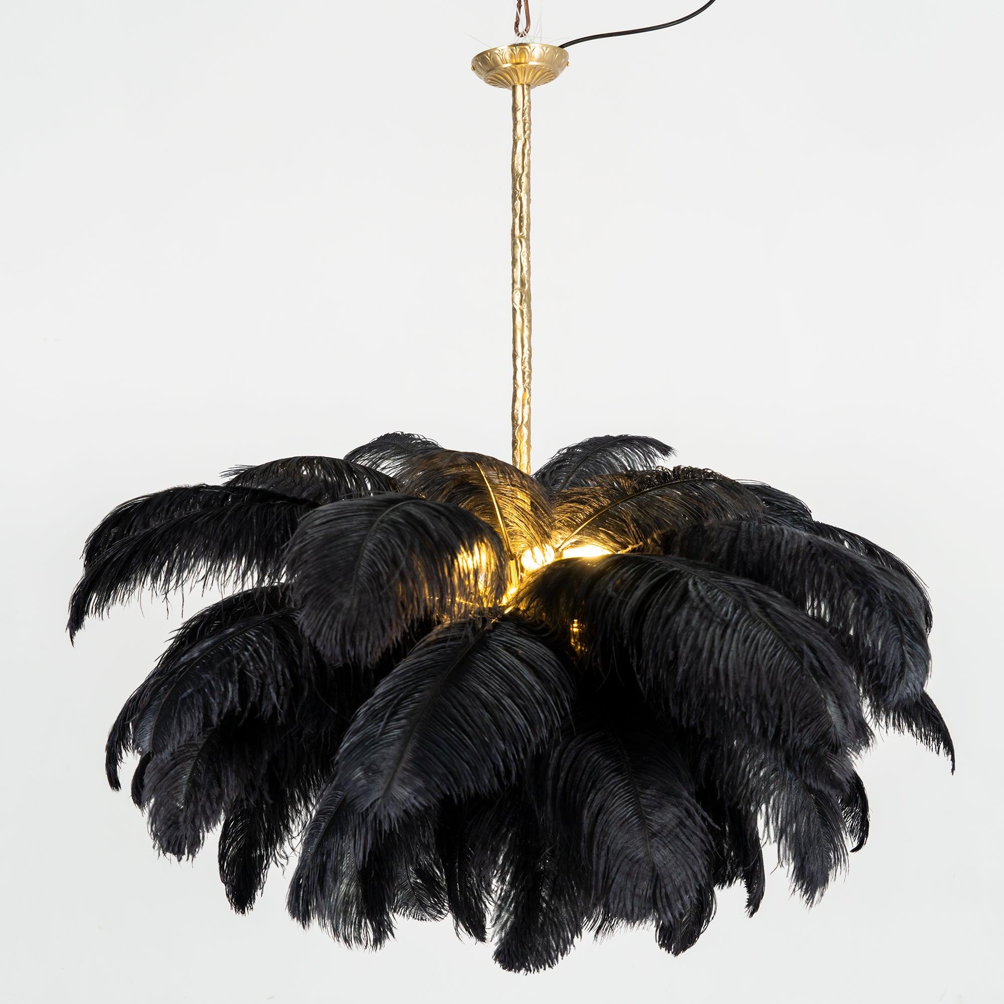 Feder-Kronleuchter 56 Handcolorierte Federn Messingfassung Gold Silber Hollywood Glamour Statement-Beleuchtung - Lamylie