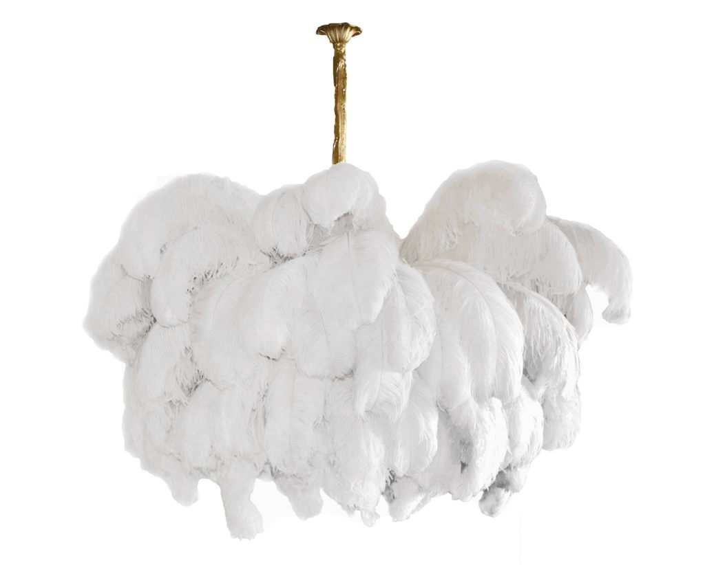Feder-Kronleuchter 56 Handcolorierte Federn Messingfassung Gold Silber Hollywood Glamour Statement-Beleuchtung - Lamylie