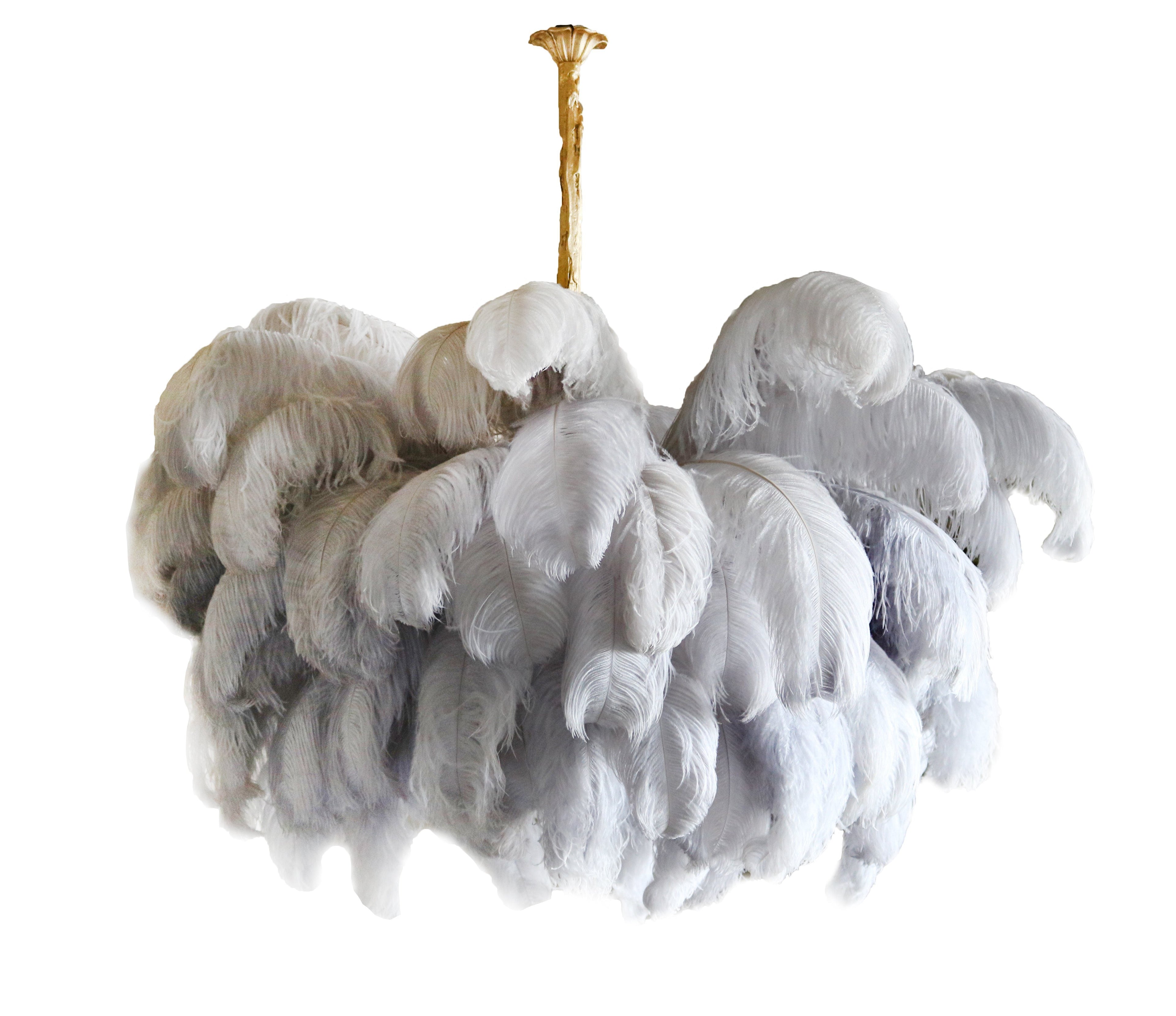 Feder-Kronleuchter 56 Handcolorierte Federn Messingfassung Gold Silber Hollywood Glamour Statement-Beleuchtung - Lamylie