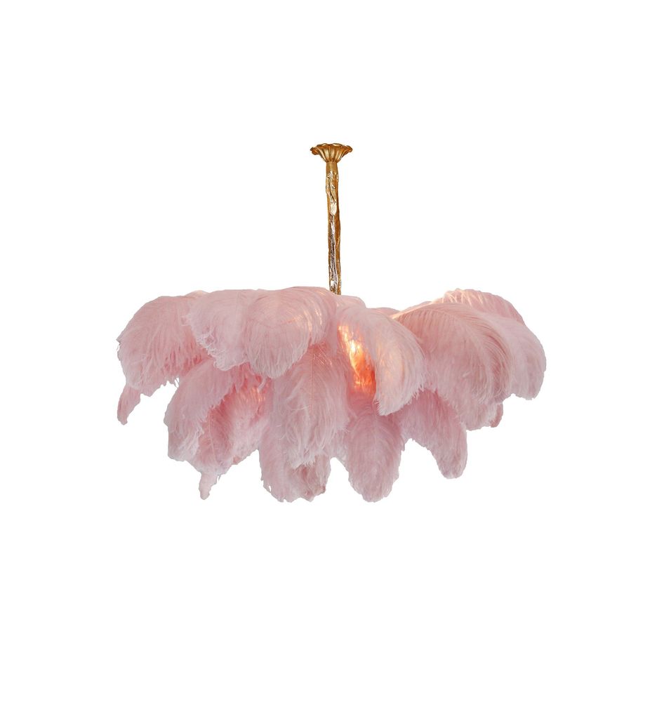 Feder-Kronleuchter 56 Handcolorierte Federn Messingfassung Gold Silber Hollywood Glamour Statement-Beleuchtung - Lamylie