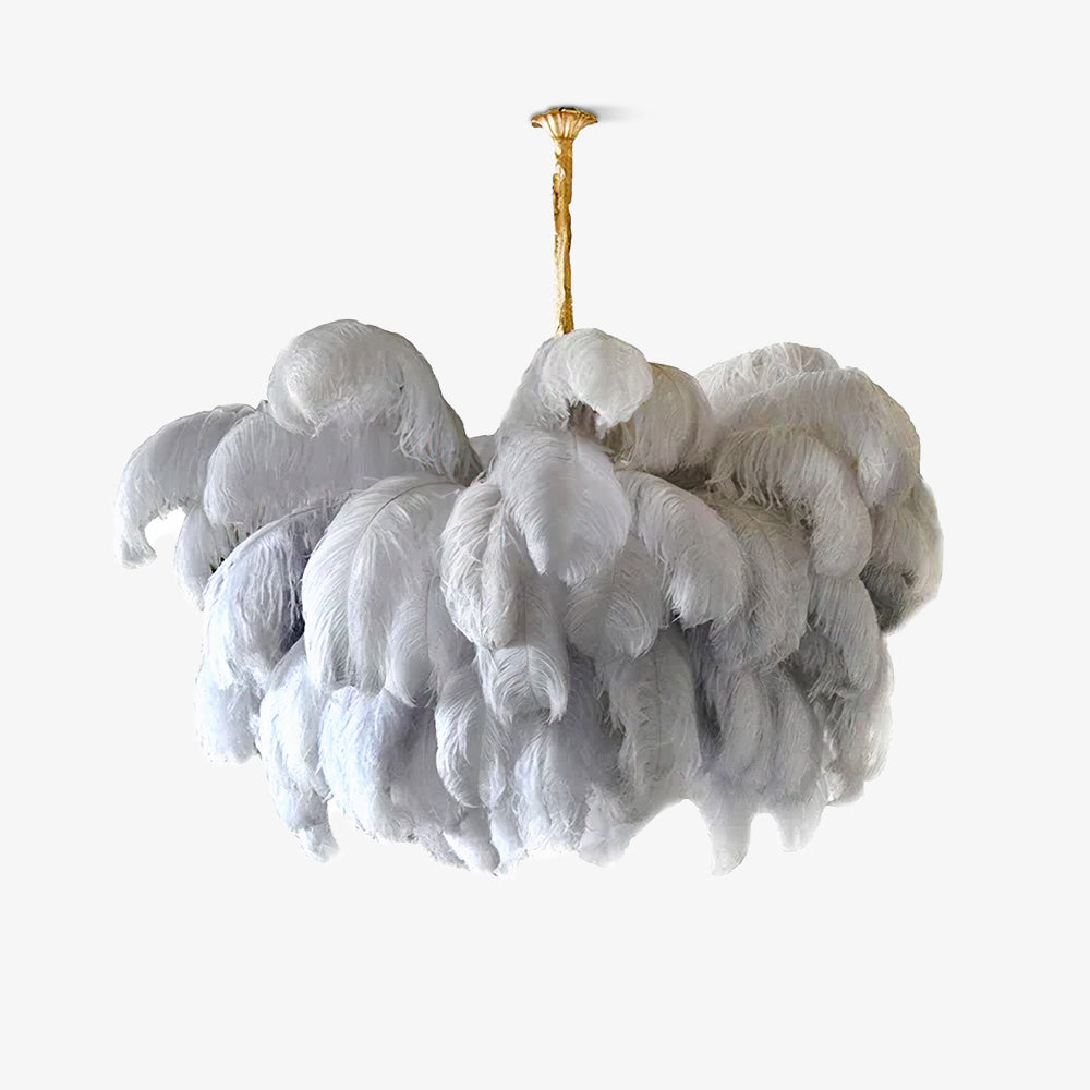 Feder-Kronleuchter 56 Handcolorierte Federn Messingfassung Gold Silber Hollywood Glamour Statement-Beleuchtung - Lamylie