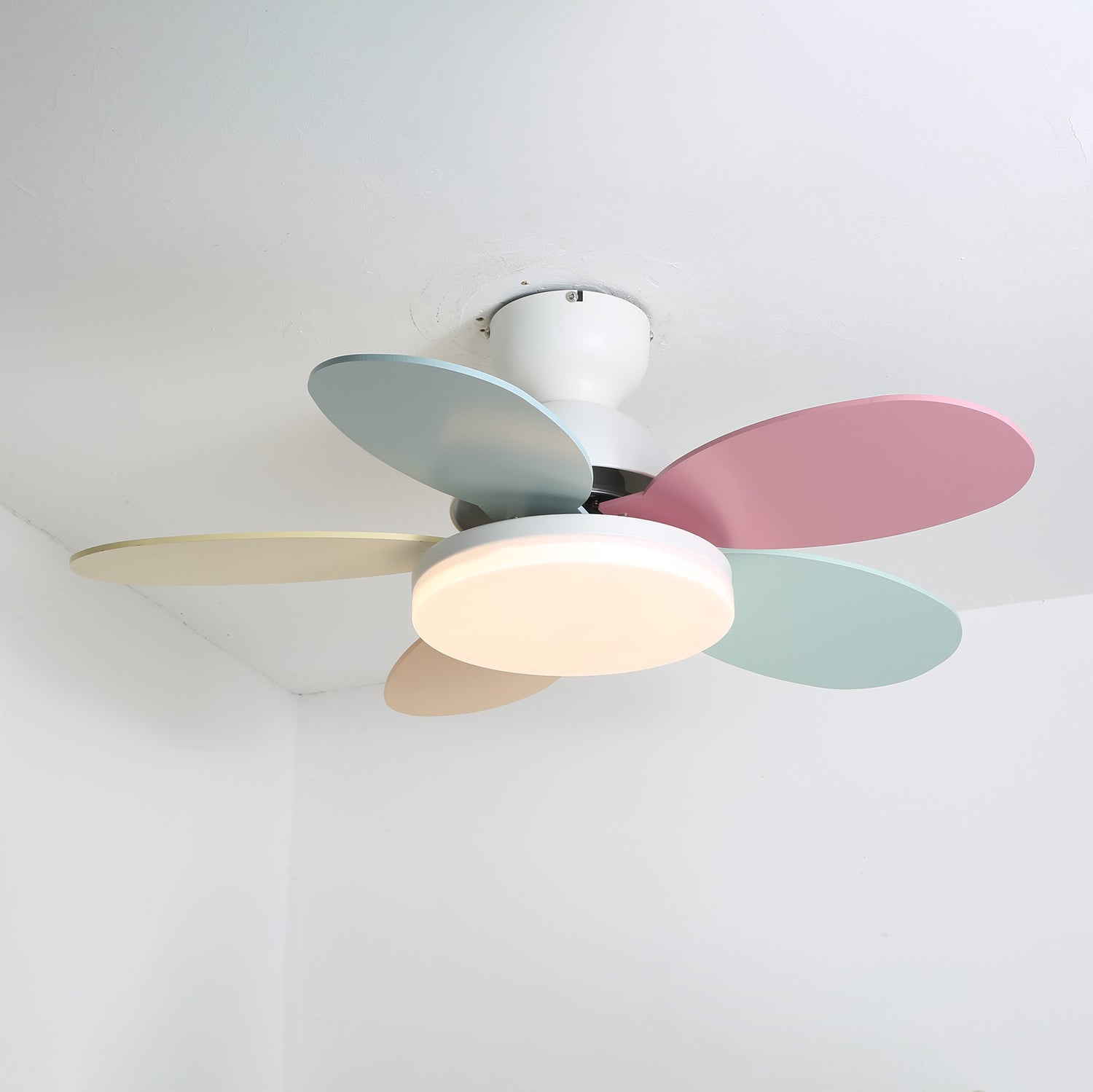 Liora Ceiling Fan with Lighting and Colored Glass Leaves for Children's Room | Modern Ceiling Fan with LED and Remote Control | Adjustable Speed Ceiling Fan with Light in Multiple Color Variants - Lamylie