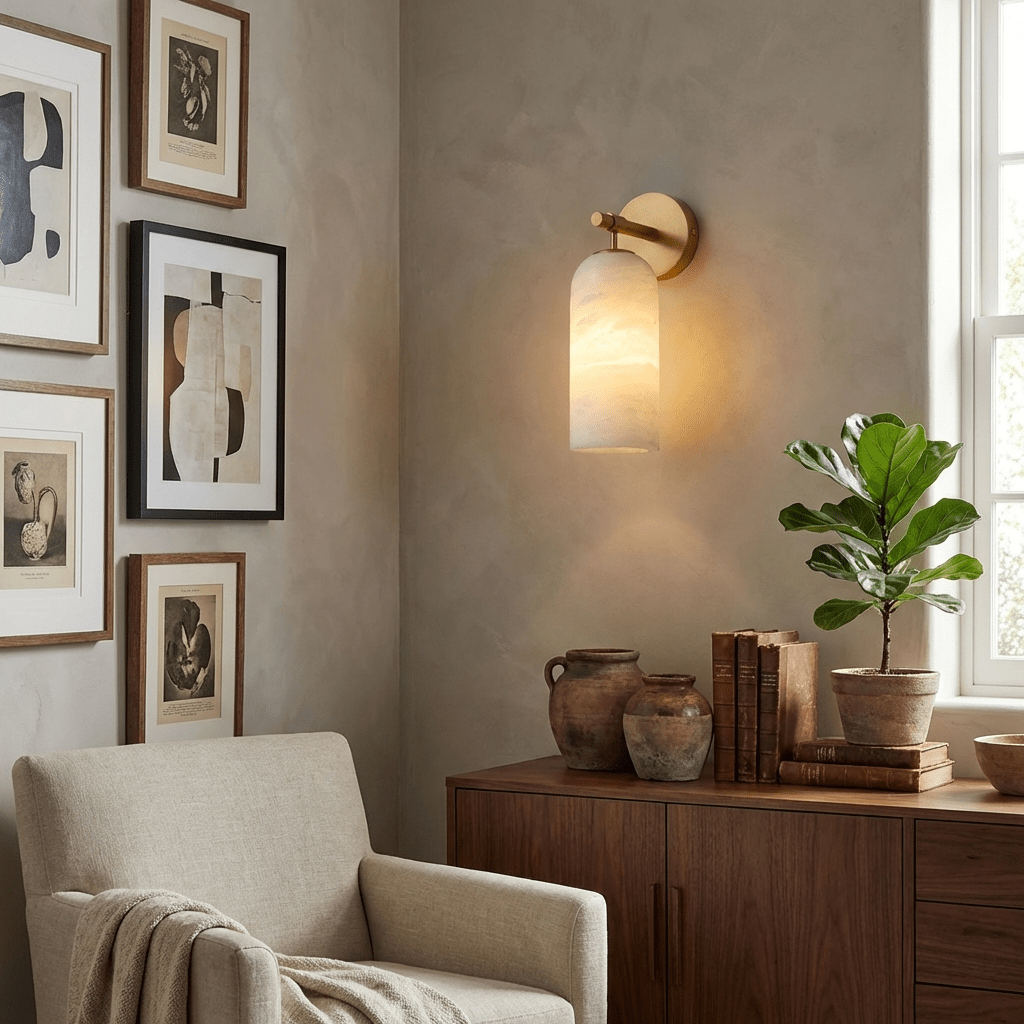 Alabaster Wall Lamp Cylindrical Minimalist Golden Fixture Warm Glow Lighting - Lamylie