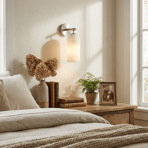 Alabaster Wall Lamp Cylindrical Minimalist Golden Fixture Warm Glow Lighting - Lamylie