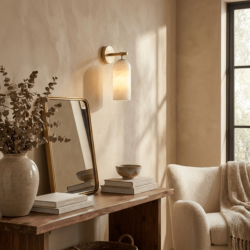 Alabaster Wall Lamp Cylindrical Minimalist Golden Fixture Warm Glow Lighting - Lamylie