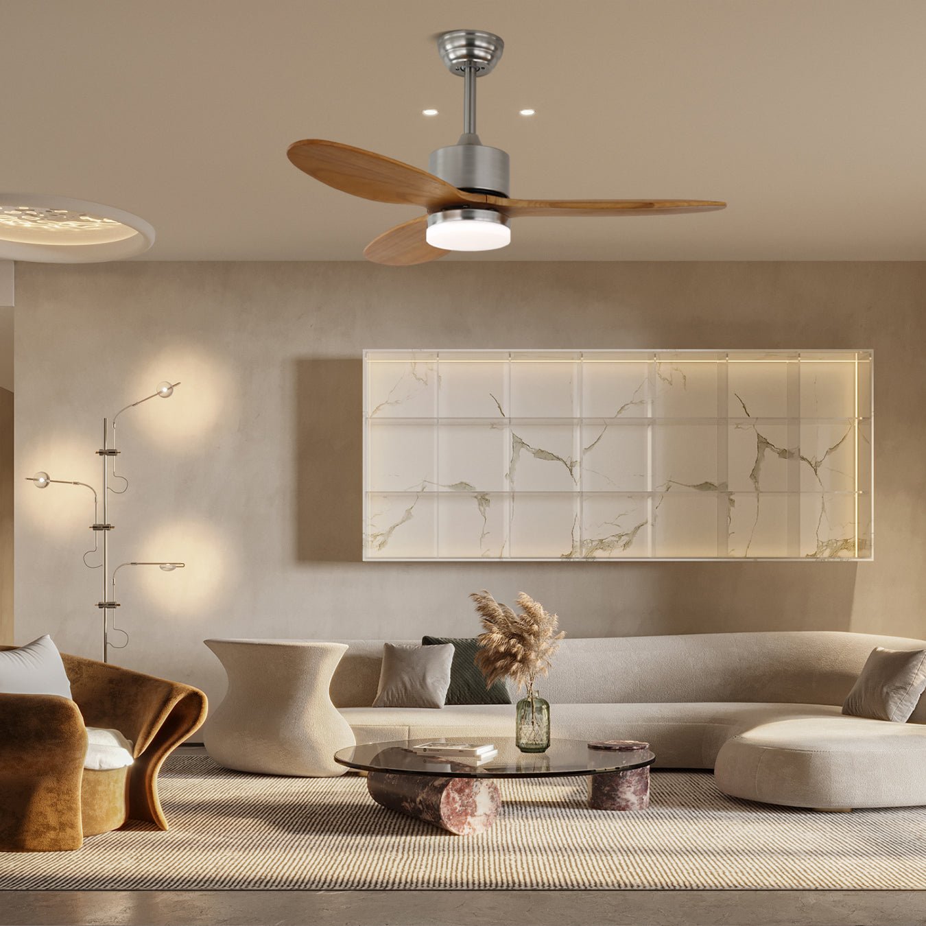 Ventilateur de plafond Elara avec éclairage — Design minimaliste avec pales en bois pour une circulation d’air optimale - Lamylie