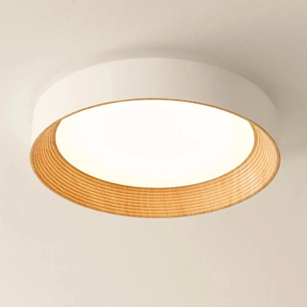 Candeeiro de teto redondo minimalista com rebordo de madeira | Luz quente | Design nórdico | Iluminação de teto escandinava para quarto, hall de entrada - Lamylie