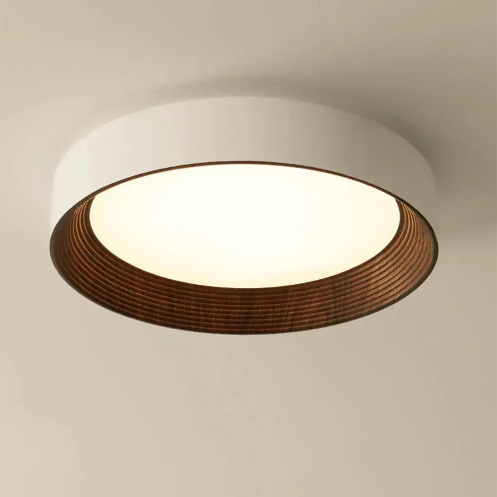 Candeeiro de teto redondo minimalista com rebordo de madeira | Luz quente | Design nórdico | Iluminação de teto escandinava para quarto, hall de entrada - Lamylie
