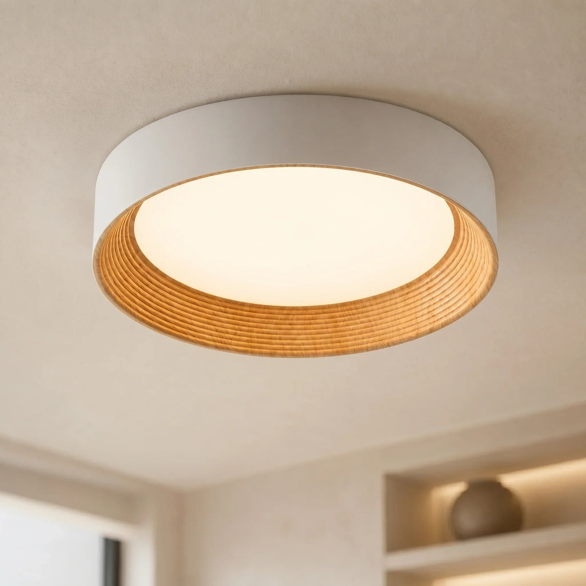 Candeeiro de teto redondo minimalista com rebordo de madeira | Luz quente | Design nórdico | Iluminação de teto escandinava para quarto, hall de entrada - Lamylie