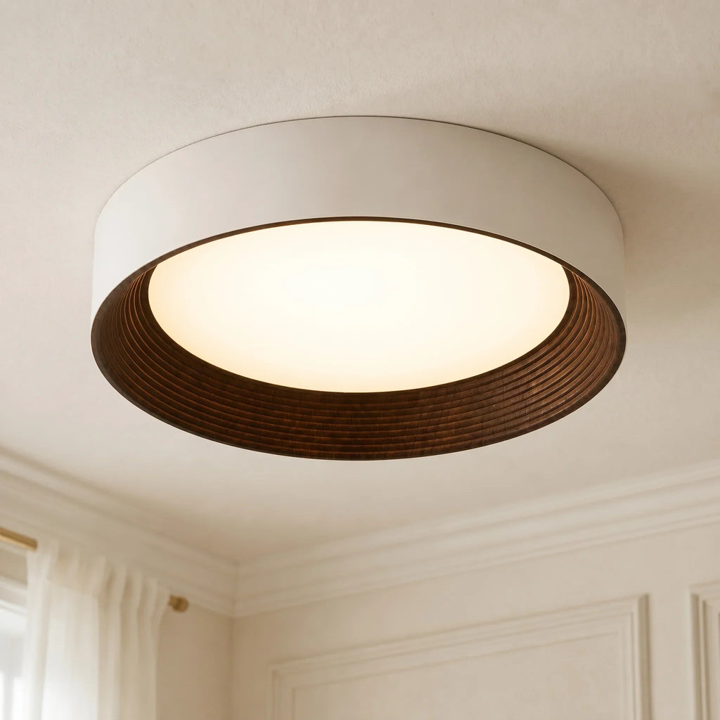 Candeeiro de teto redondo minimalista com rebordo de madeira | Luz quente | Design nórdico | Iluminação de teto escandinava para quarto, hall de entrada - Lamylie