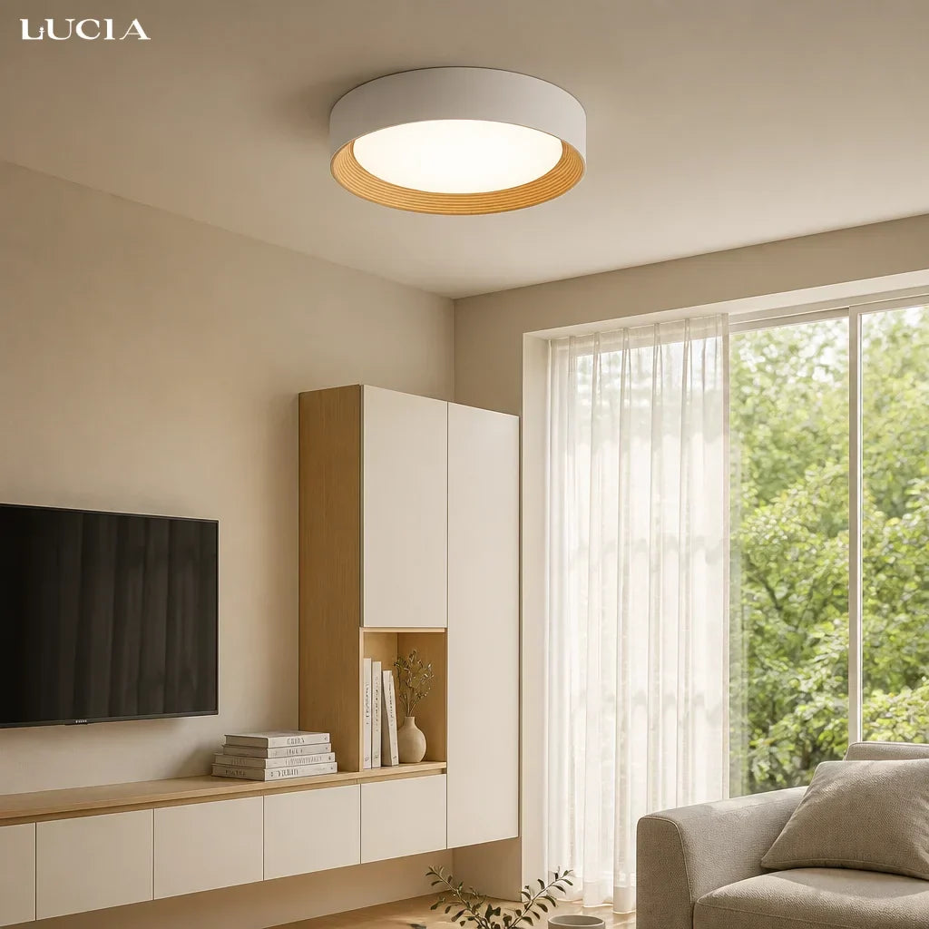 Candeeiro de teto redondo minimalista com rebordo de madeira | Luz quente | Design nórdico | Iluminação de teto escandinava para quarto, hall de entrada - Lamylie