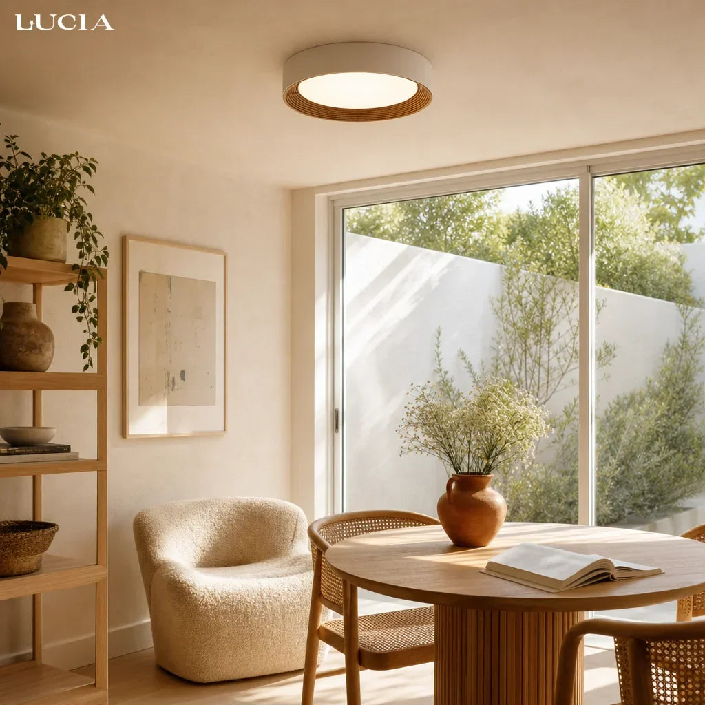 Candeeiro de teto redondo minimalista com rebordo de madeira | Luz quente | Design nórdico | Iluminação de teto escandinava para quarto, hall de entrada - Lamylie