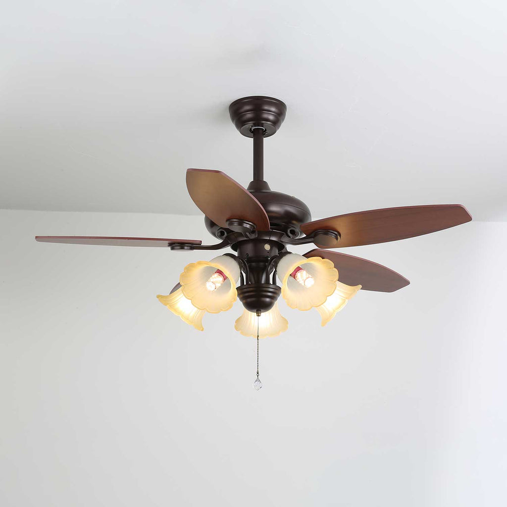 Vintage ceiling fan with lighting Florence | Wood and glass | Country design | Ø107cm with 3 or 5 light points | 6 speeds | LED Edison dimmable | Remote control included | Scandinavian design - Lamylie