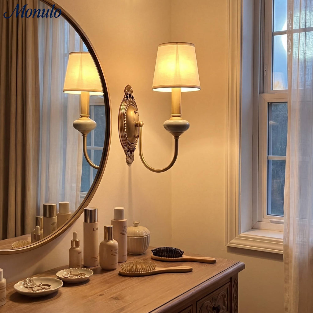 Ceramic Wall Lamp with Fabric Shade - 1 or 2 Light Points - E27 - Various Colors & Styles - Lamylie