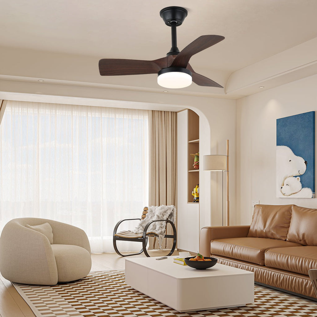 Minimalistisk takfläkt Orlen med träutseende och belysning 81 cm | Skandinavisk takfläkt med lampa | Fjärrkontroll, 6 hastigheter | Takfläkt med nordisk design – Lamylie