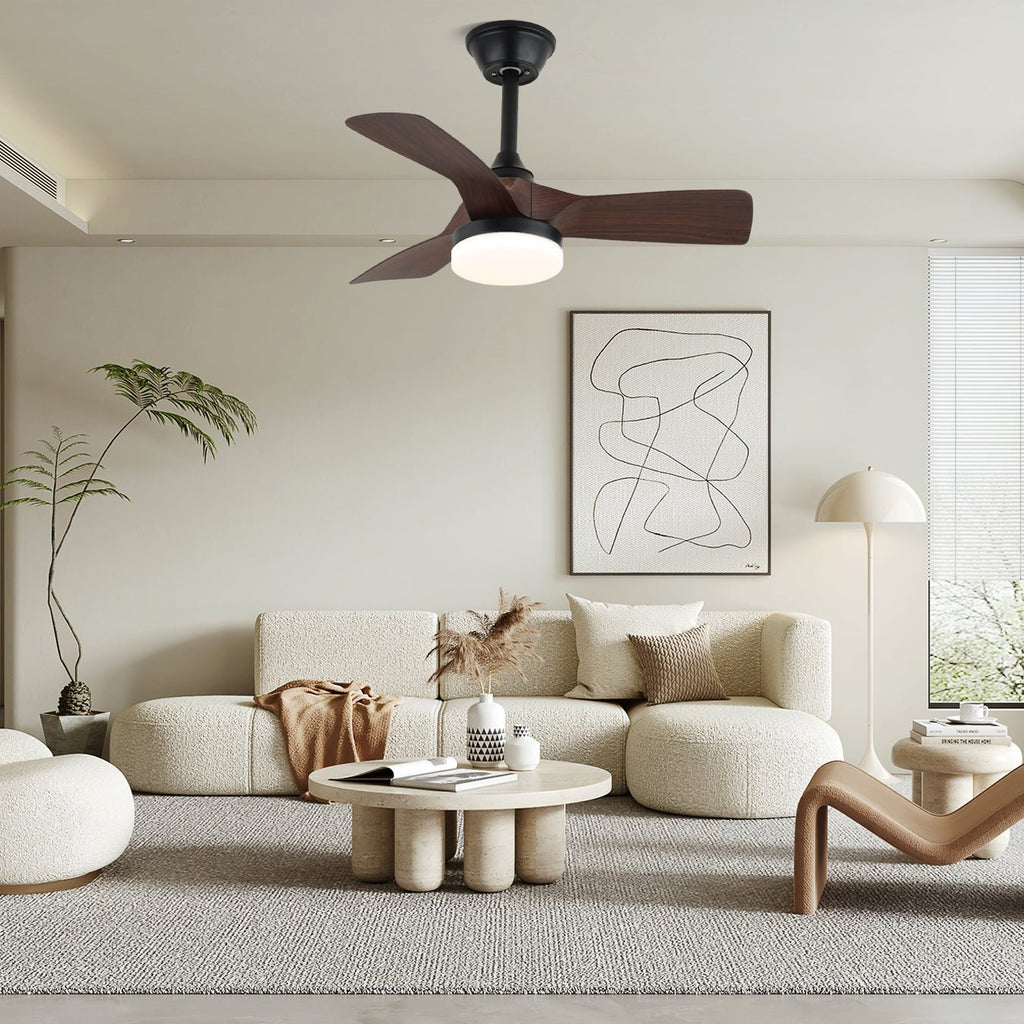 Minimalistisk takfläkt Orlen med träutseende och belysning 81 cm | Skandinavisk takfläkt med lampa | Fjärrkontroll, 6 hastigheter | Takfläkt med nordisk design – Lamylie