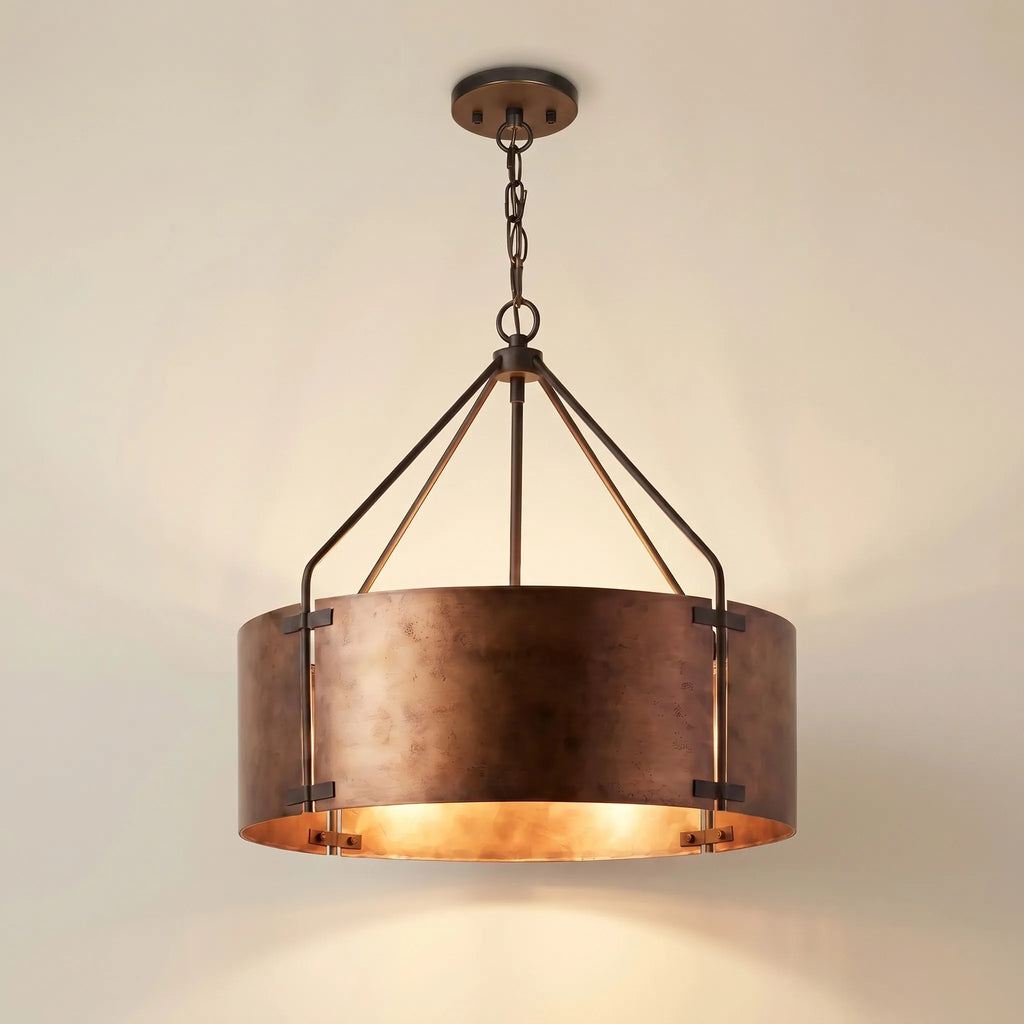 Industriální závěsné svítidlo ve tvaru bubnu, rezavě bronzové kovové stínidlo, 4 světelné body, vintage design, kuchyňský ostrůvek, jídelní stůl, jídelna – Lamylie