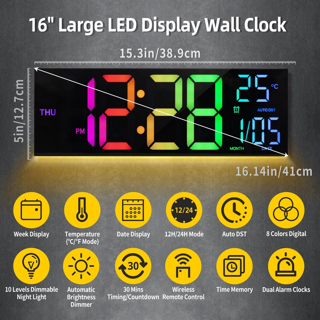 Large LED Digital Wall Clock with RGB Display and Remote Control - Lamylie