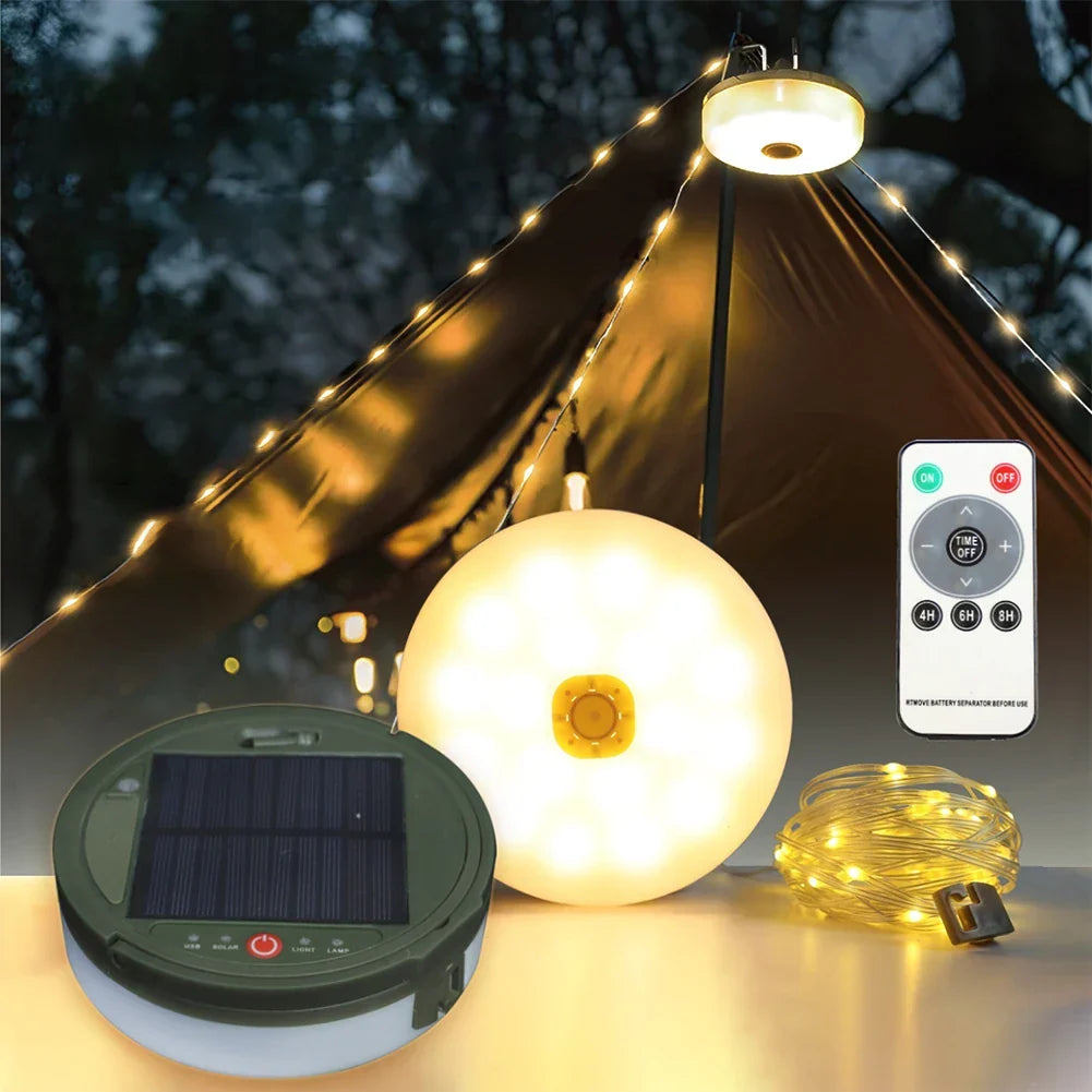 Przenośna lampa kempingowa z zasilaniem solarnym i powerbankiem | Wodoodporne światło LED z girlandą do użytku na zewnątrz i podczas biwakowania – Lamylie