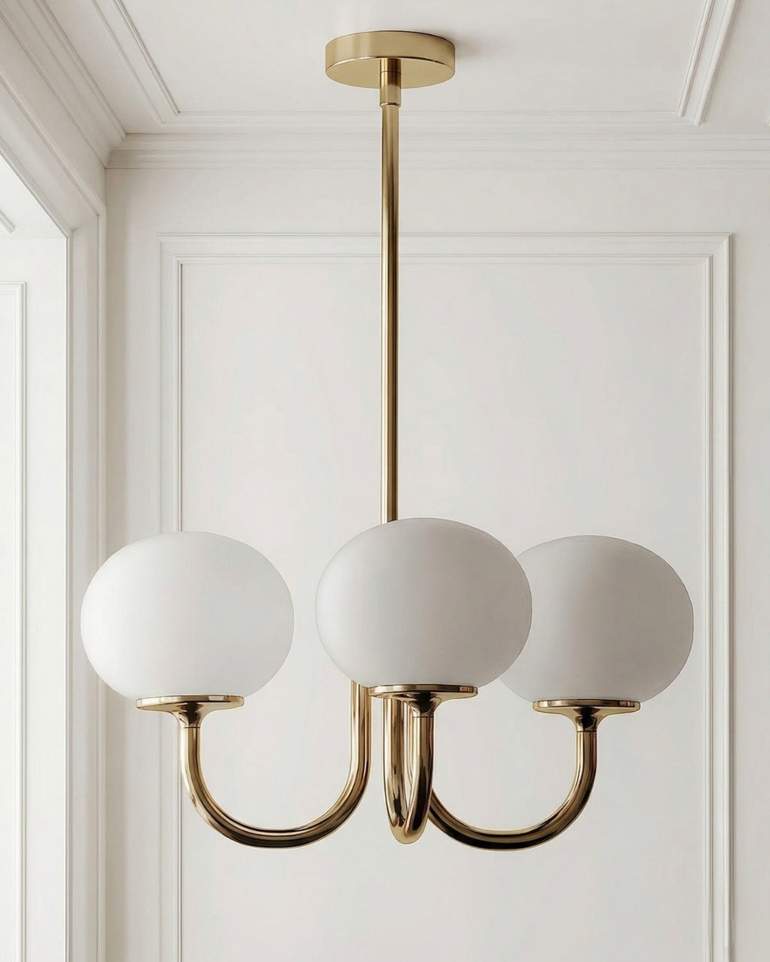 Mid-Century Glass Chandelier with Globe Shades and Polished Metal Finish | Available in Copper and Chrome with Colored Glass | 3 or 5 Arms with Adjustable Rod System - Lamylie