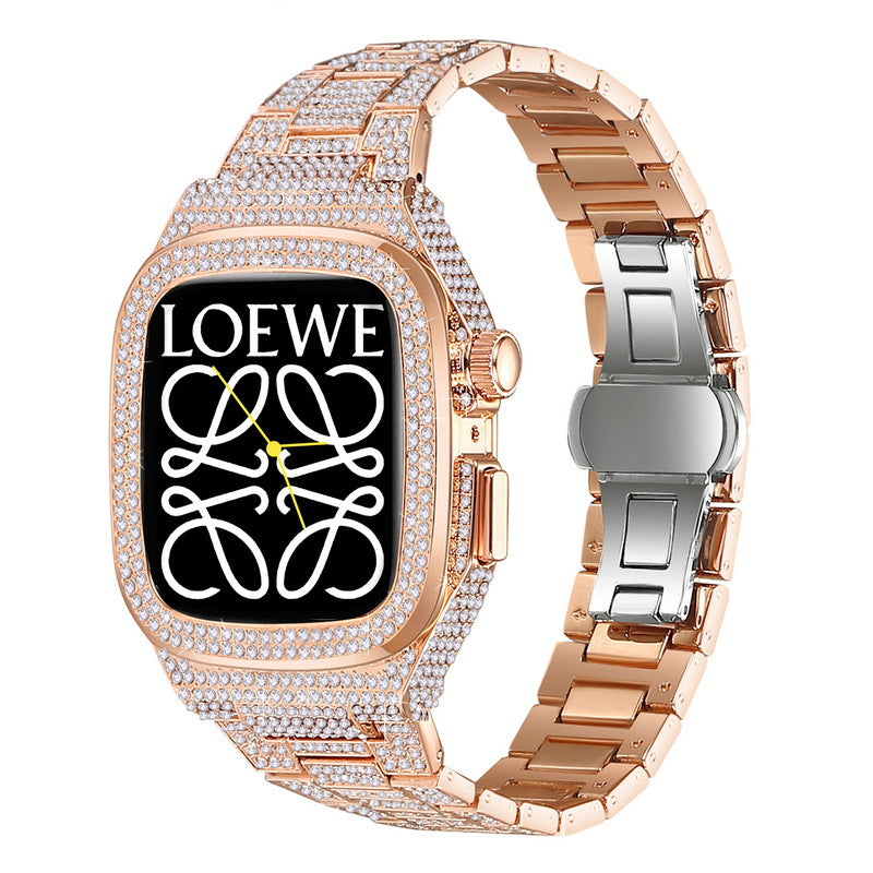 Leštěné pouzdro s řemínkem NovaLux z nerezové oceli — ozdoba z kamínků a diamantů, pro Apple Watch 44–45 mm