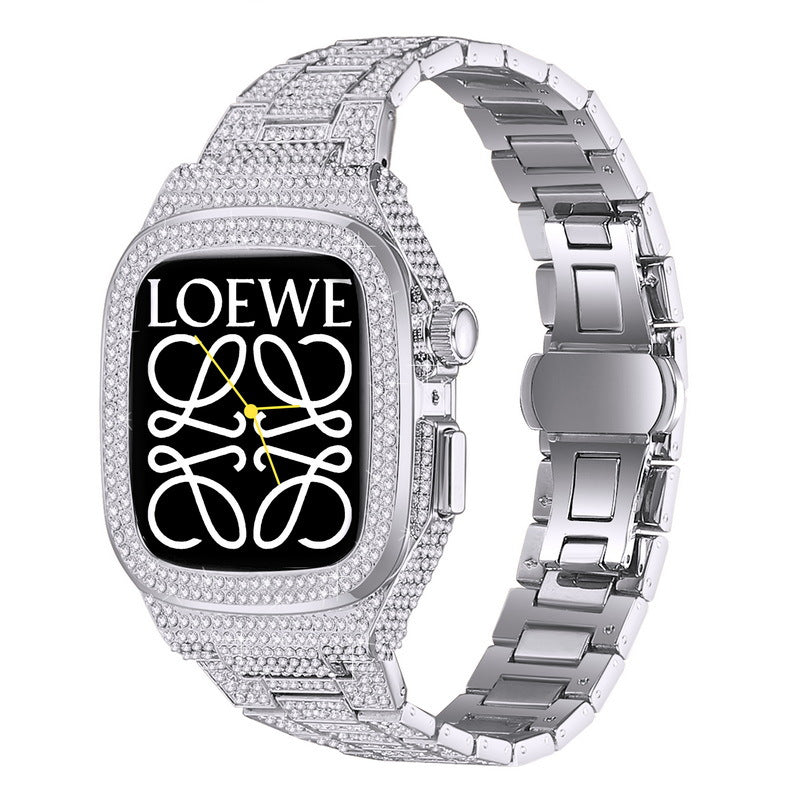 Leštěné pouzdro s řemínkem NovaLux z nerezové oceli — ozdoba z kamínků a diamantů, pro Apple Watch 44–45 mm