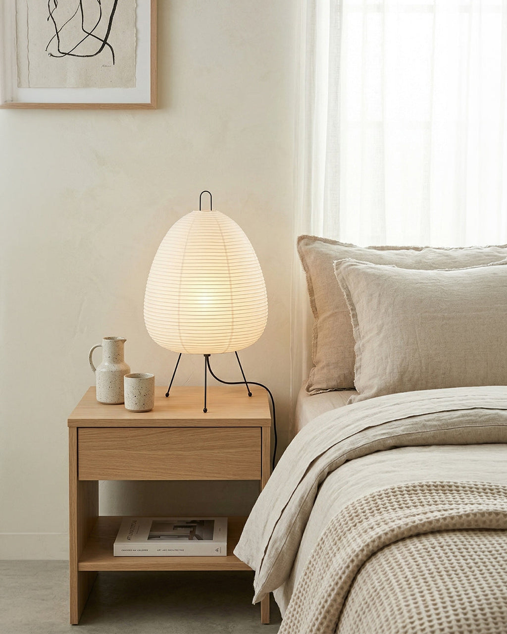 Japanische Tischlampe Sakura mit Reispapier & Dreibein | Minimalistisches Design Warmweißes Licht | Ø28cm H48cm - Lamylie
