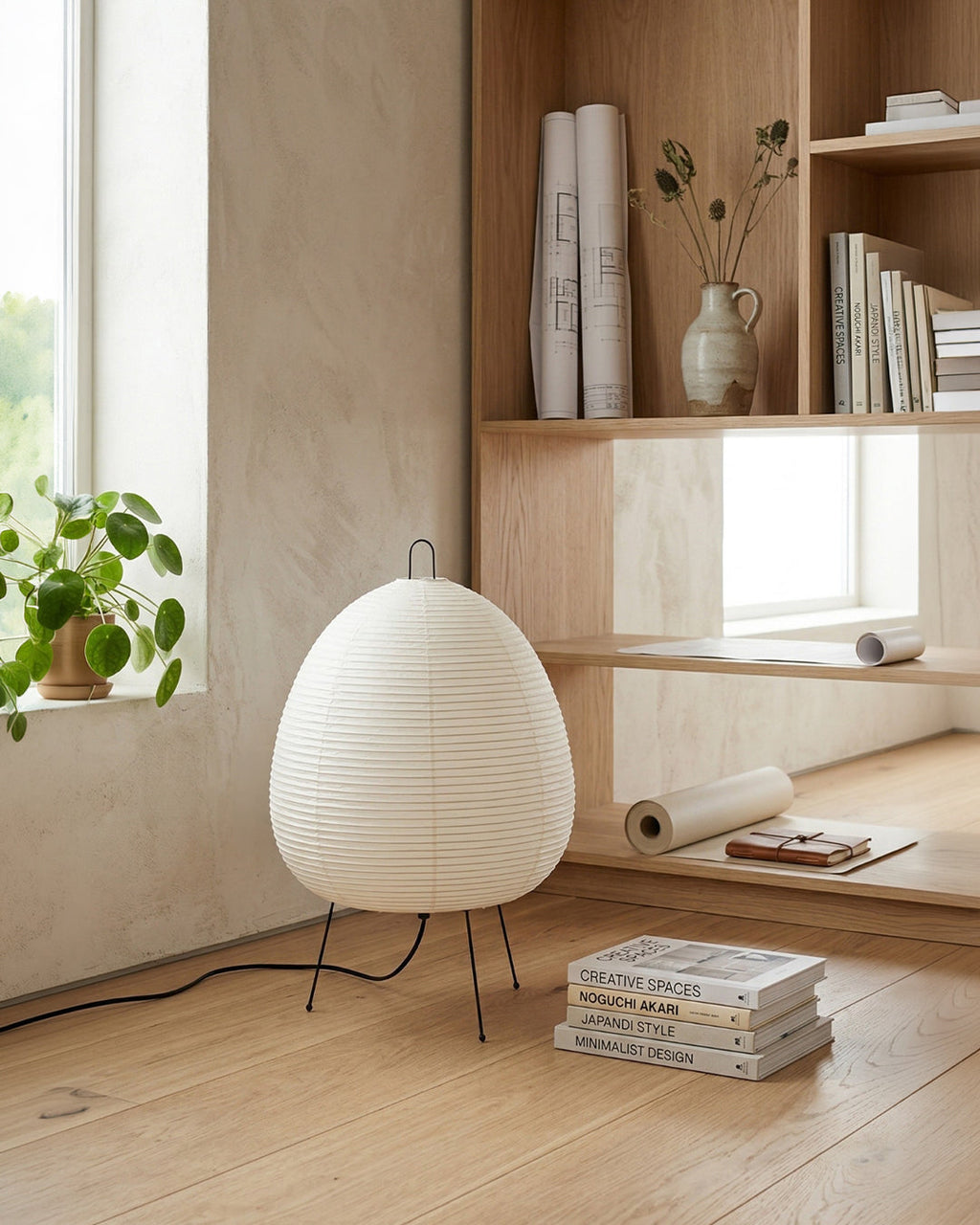 Japanische Tischlampe Sakura mit Reispapier & Dreibein | Minimalistisches Design Warmweißes Licht | Ø28cm H48cm - Lamylie