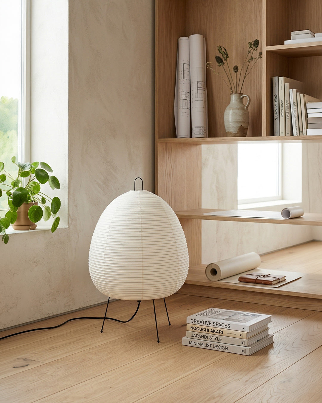 Japanische Tischlampe Sakura mit Reispapier & Dreibein | Minimalistisches Design Warmweißes Licht | Ø28cm H48cm - Lamylie