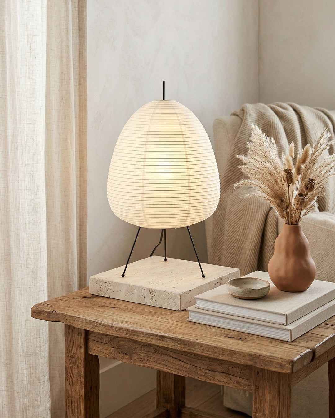 Japanese Table Lamp Sakura with Rice Paper & Tripod | Minimalist Design Warm White Light | Ø28cm H48cm - Lamylie