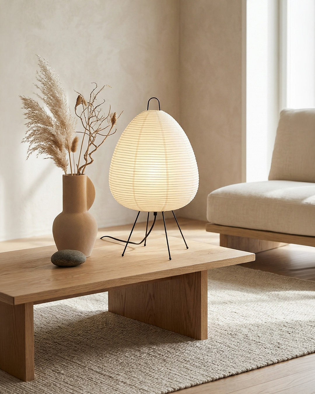 Japanese Table Lamp Sakura with Rice Paper & Tripod | Minimalist Design Warm White Light | Ø28cm H48cm - Lamylie