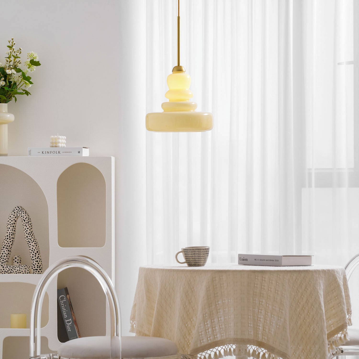 Lampă suspendată din sticlă, design industrial, chihlimbar și bej, dulie E26/E27 Ø30cm, pentru living, bucătărie și sufragerie - Lamylie