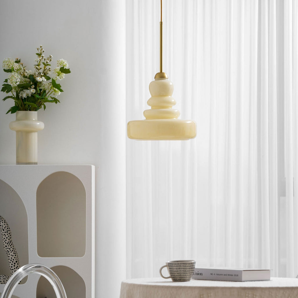 Lampă suspendată din sticlă, design industrial, chihlimbar și bej, dulie E26/E27 Ø30cm, pentru living, bucătărie și sufragerie - Lamylie