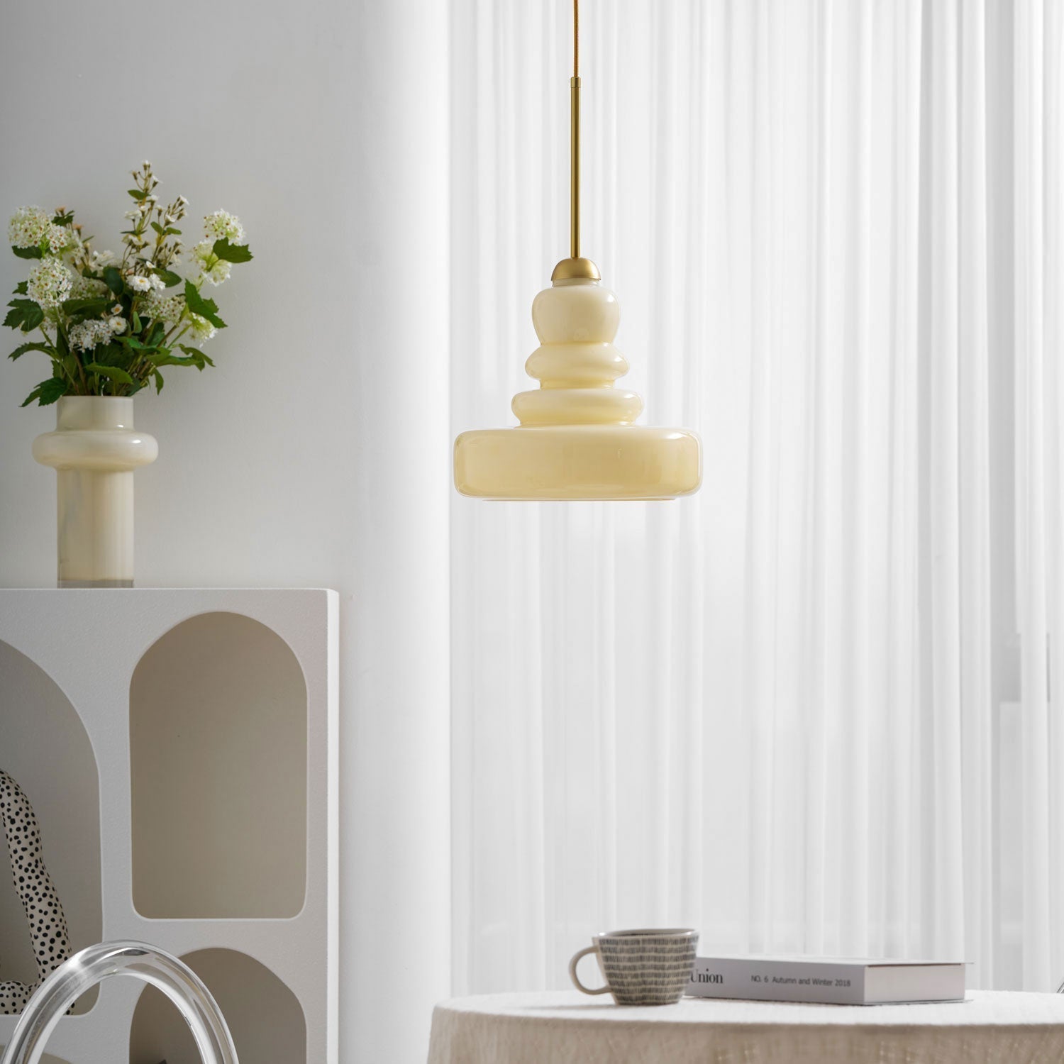 Lampă suspendată din sticlă, design industrial, chihlimbar și bej, dulie E26/E27 Ø30cm, pentru living, bucătărie și sufragerie - Lamylie