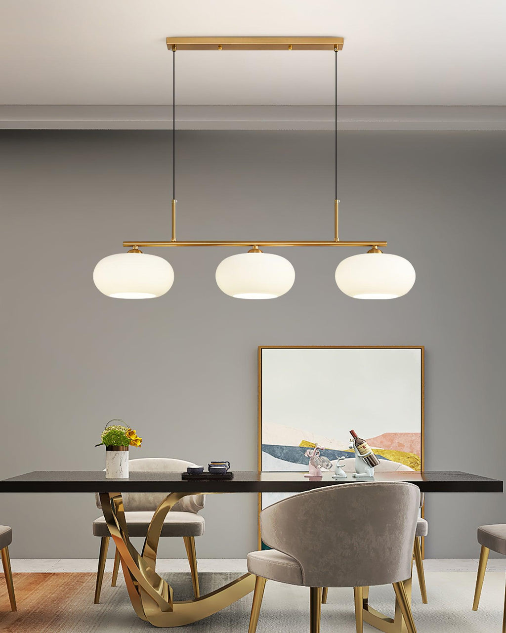 Design-Hängeleuchte mit 3 Glaskugelschirmen - Stilvolle Esszimmerbeleuchtung für Tisch und Kücheninsel - Verstellbar 150 cm - Nickel oder Gold - E26/E27 - Lamylie