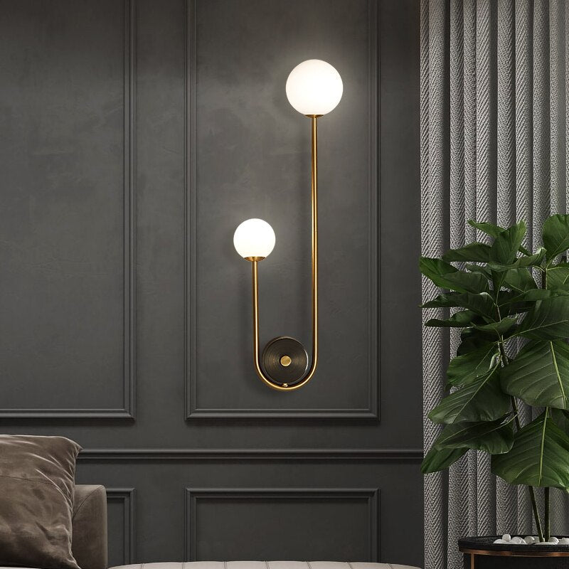 Gold-Colored Wall Lamp with White Glass Globe | Modern Scandinavian Design for Hallway & Corridor - Lamylie