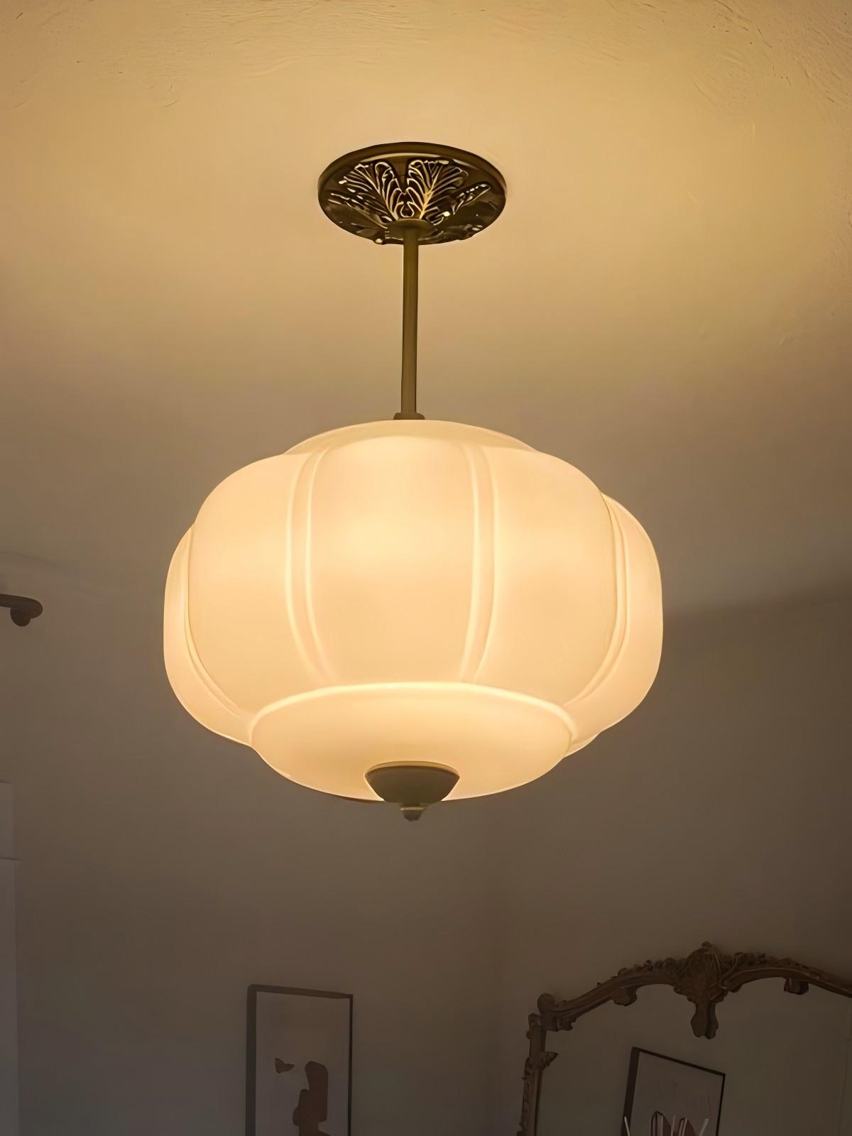 Vintage Milk Glass Ceiling Lamp Scalloped Edge White Pink Green Blue Clear Matte Glass Semi-Flush Pendant Lamp Brass Black Finish - Lamylie