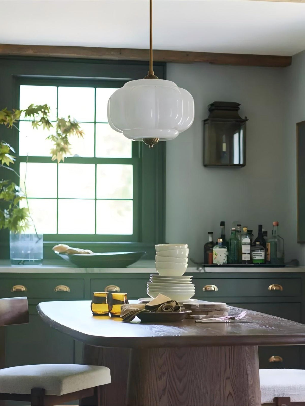 Vintage Milk Glass Ceiling Lamp Scalloped Edge White Pink Green Blue Clear Matte Glass Semi-Flush Pendant Lamp Brass Black Finish - Lamylie