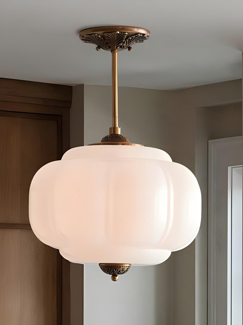 Vintage Milk Glass Ceiling Lamp Scalloped Edge White Pink Green Blue Clear Matte Glass Semi-Flush Pendant Lamp Brass Black Finish - Lamylie