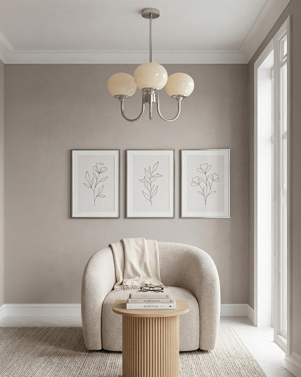 Mid-Century Glass Chandelier with Globe Shades and Polished Metal Finish | Available in Copper and Chrome with Colored Glass | 3 or 5 Arms with Adjustable Rod System - Lamylie