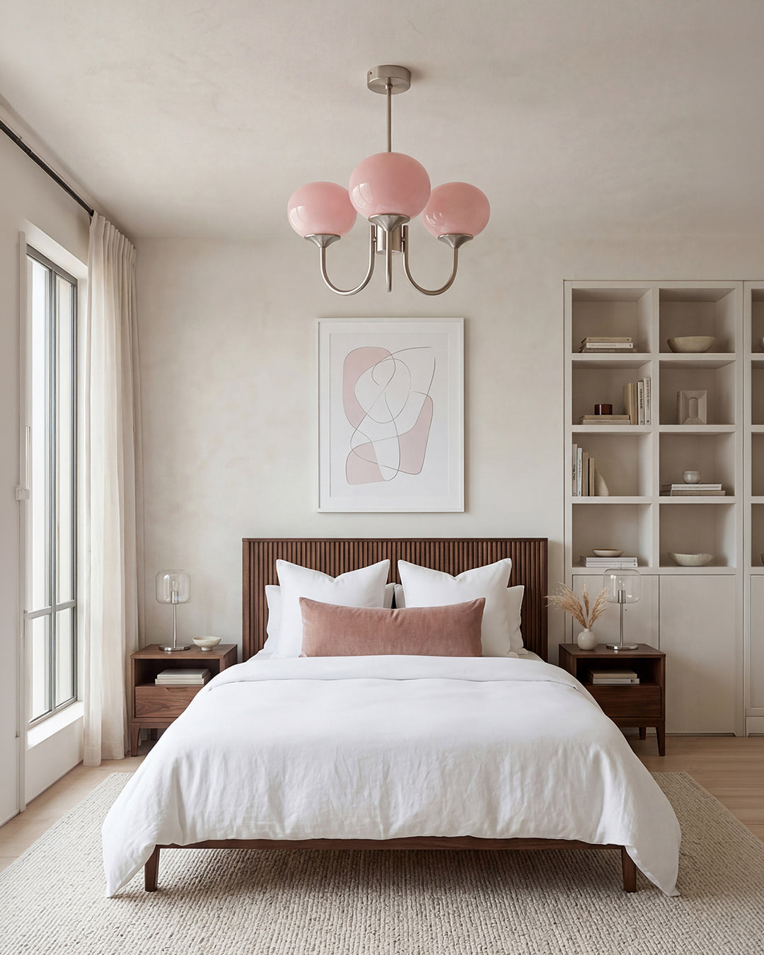 Mid-Century Glass Chandelier with Globe Shades and Polished Metal Finish | Available in Copper and Chrome with Colored Glass | 3 or 5 Arms with Adjustable Rod System - Lamylie