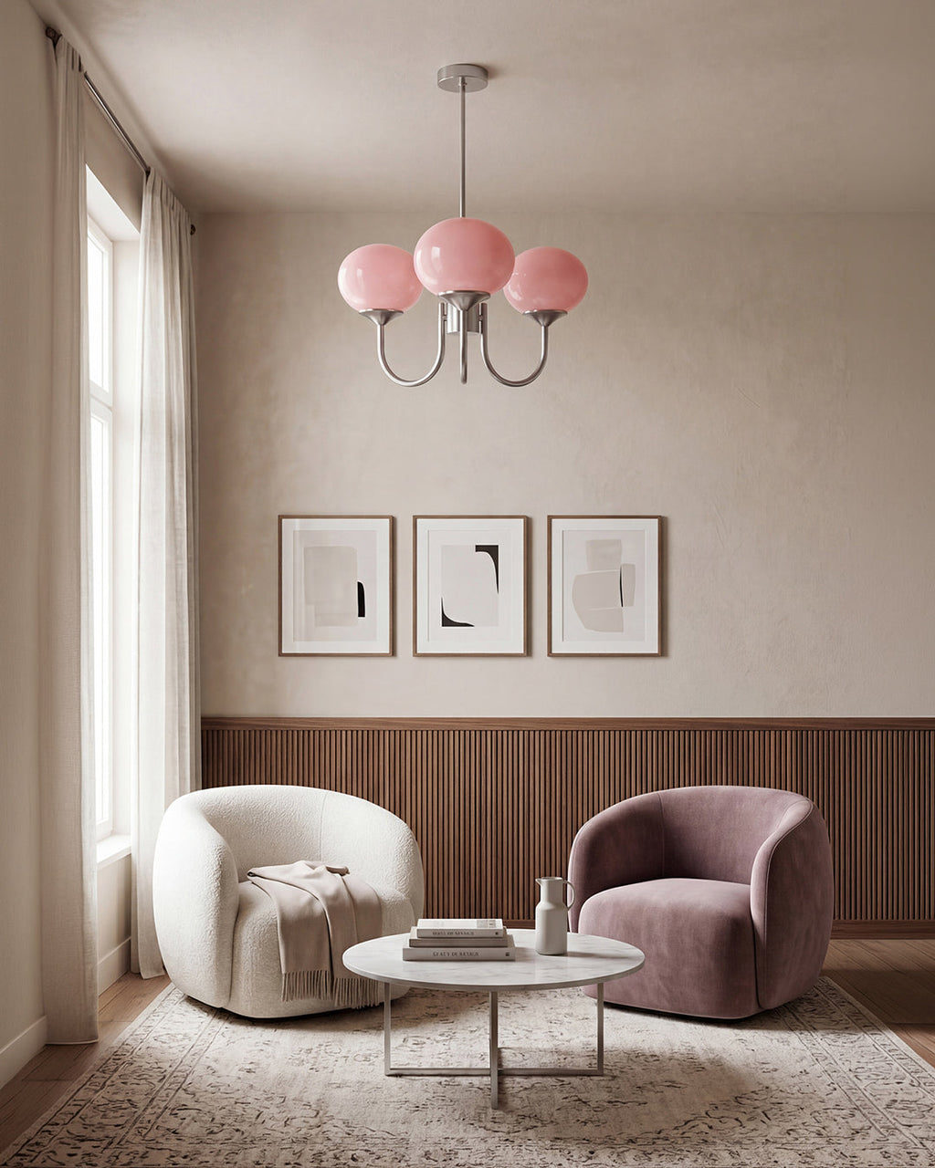 Mid-Century Glass Chandelier with Globe Shades and Polished Metal Finish | Available in Copper and Chrome with Colored Glass | 3 or 5 Arms with Adjustable Rod System - Lamylie