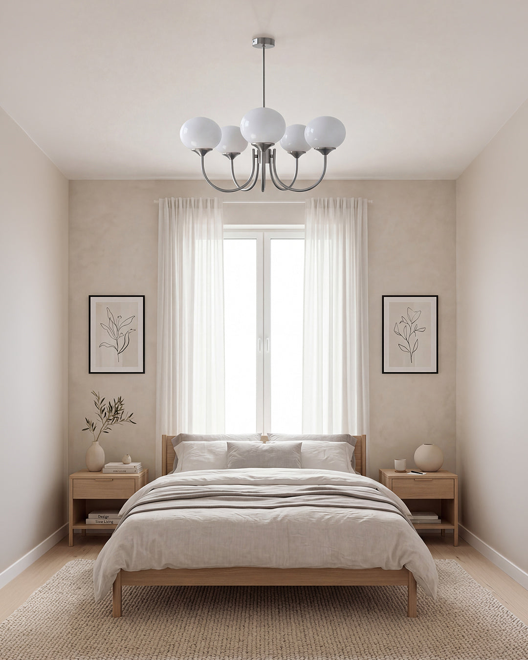 Mid-Century Glass Chandelier with Globe Shades and Polished Metal Finish | Available in Copper and Chrome with Colored Glass | 3 or 5 Arms with Adjustable Rod System - Lamylie